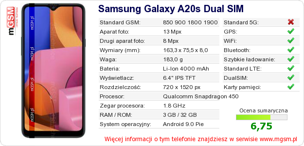Dane telefonu Samsung Galaxy A20s Dual SIM