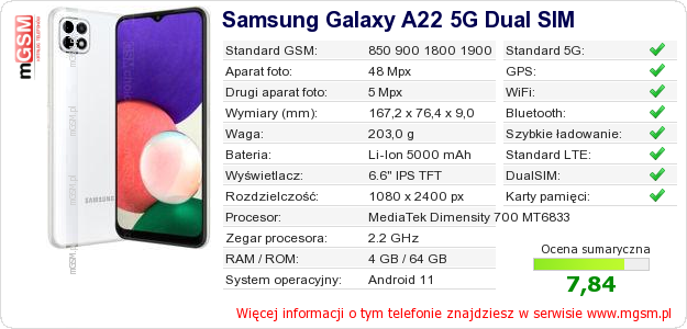 Dane telefonu Samsung Galaxy A22 5G Dual SIM