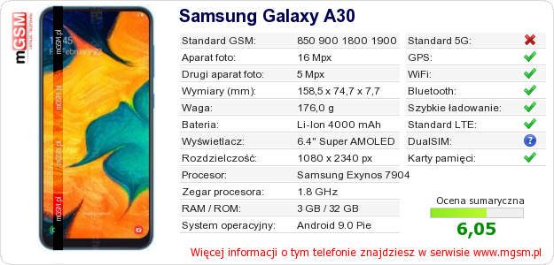 Dane telefonu Samsung Galaxy A30 Dane telefonu Samsung Galaxy A30