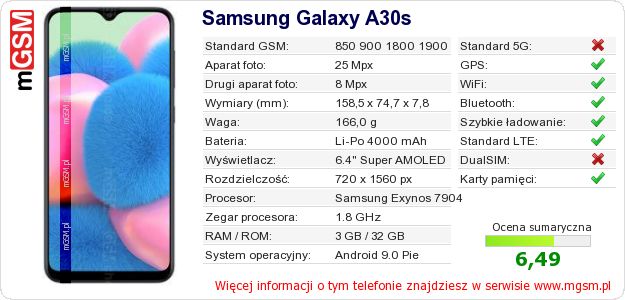 Dane telefonu Samsung Galaxy A30s