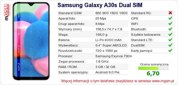 Dane telefonu Samsung Galaxy A30s Dual SIM