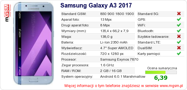 Dane telefonu Samsung Galaxy A3 2017