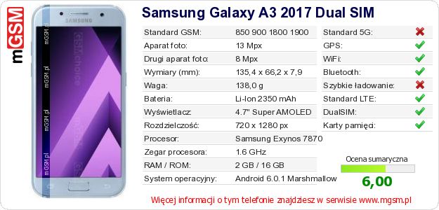Dane telefonu Samsung Galaxy A3 2017 Dual SIM