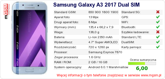 Dane telefonu Samsung Galaxy A3 2017 Dual SIM Dane telefonu Samsung Galaxy A3 2017 Dual SIM
