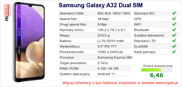 Dane telefonu Samsung Galaxy A32 Dual SIM Dane telefonu Samsung Galaxy A32 Dual SIM