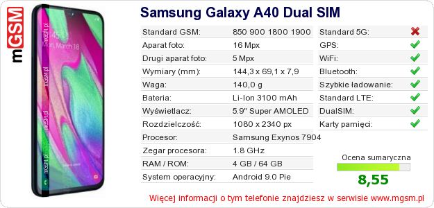 Dane telefonu Samsung Galaxy A40 Dual SIM