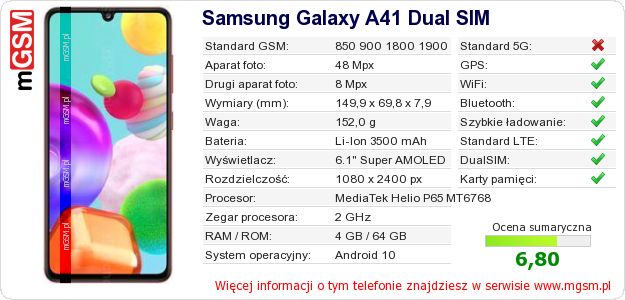 Dane telefonu Samsung Galaxy A41 Dual SIM Dane telefonu Samsung Galaxy A41 Dual SIM
