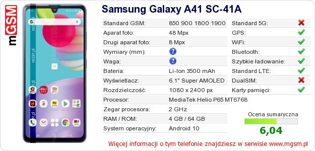Dane telefonu Samsung Galaxy A41 SC-41A