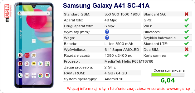 Dane telefonu Samsung Galaxy A41 SC-41A Dane telefonu Samsung Galaxy A41 SC-41A