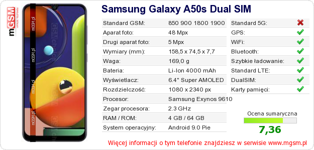 Dane telefonu Samsung Galaxy A50s Dual SIM Dane telefonu Samsung Galaxy A50s Dual SIM