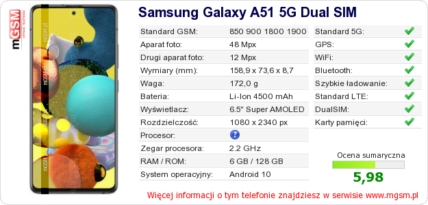 Dane telefonu Samsung Galaxy A51 5G Dual SIM