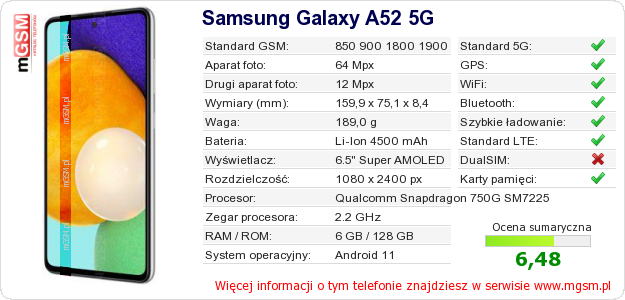 Dane telefonu Samsung Galaxy A52 5G