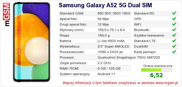 Dane telefonu Samsung Galaxy A52 5G Dual SIM Dane telefonu Samsung Galaxy A52 5G Dual SIM