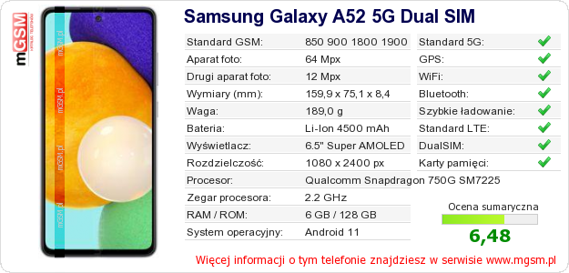 Dane telefonu Samsung Galaxy A52 5G Dual SIM Dane telefonu Samsung Galaxy A52 5G Dual SIM