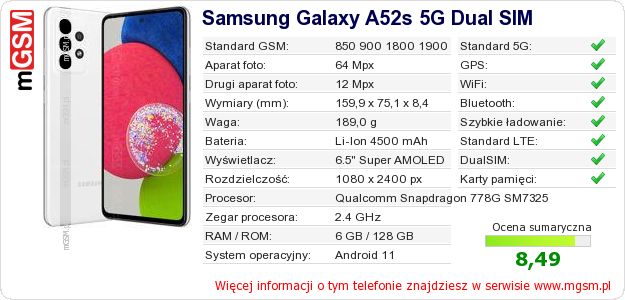 Dane telefonu Samsung Galaxy A52s 5G Dual SIM