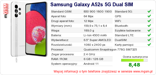 Dane telefonu Samsung Galaxy A52s 5G Dual SIM
