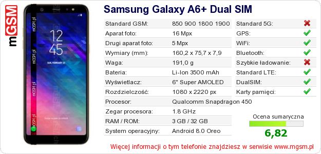 Dane telefonu Samsung Galaxy A6+ Dual SIM Dane telefonu Samsung Galaxy A6+ Dual SIM
