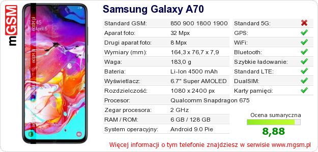 Dane telefonu Samsung Galaxy A70 Dane telefonu Samsung Galaxy A70