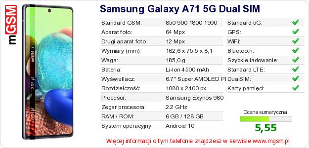 Dane telefonu Samsung Galaxy A71 5G Dual SIM Dane telefonu Samsung Galaxy A71 5G Dual SIM