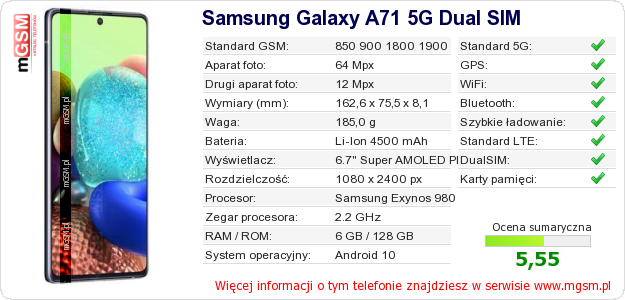 Dane telefonu Samsung Galaxy A71 5G Dual SIM