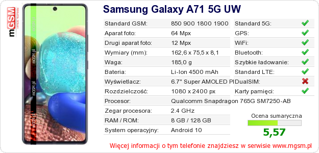 Dane telefonu Samsung Galaxy A71 5G UW