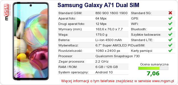 Dane telefonu Samsung Galaxy A71 Dual SIM