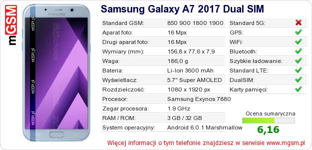 Dane telefonu Samsung Galaxy A7 2017 Dual SIM Dane telefonu Samsung Galaxy A7 2017 Dual SIM