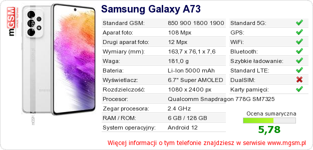 Dane telefonu Samsung Galaxy A73 Dane telefonu Samsung Galaxy A73