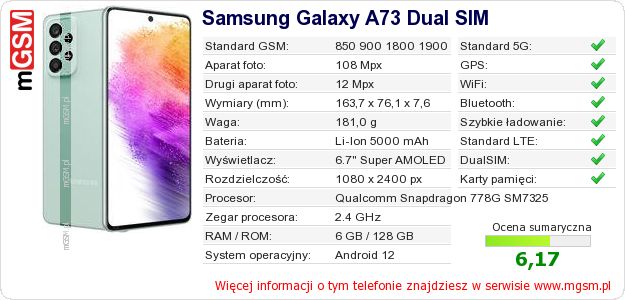 Dane telefonu Samsung Galaxy A73 Dual SIM Dane telefonu Samsung Galaxy A73 Dual SIM