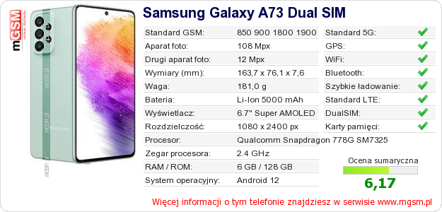 Dane telefonu Samsung Galaxy A73 Dual SIM