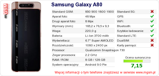 Dane telefonu Samsung Galaxy A80