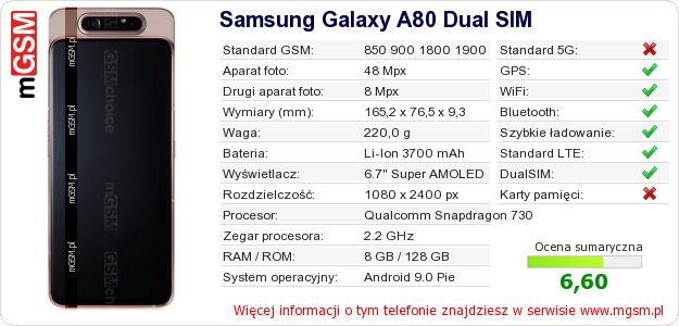 Dane telefonu Samsung Galaxy A80 Dual SIM