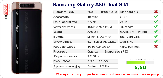 Dane telefonu Samsung Galaxy A80 Dual SIM