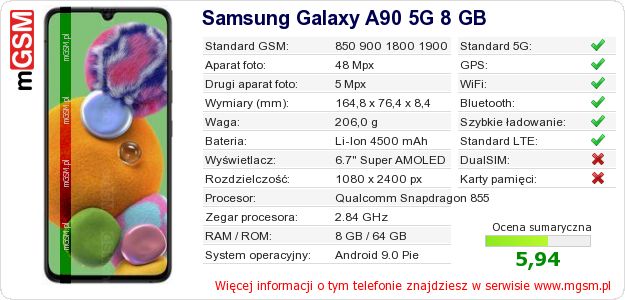 Dane telefonu Samsung Galaxy A90 5G 8 GB