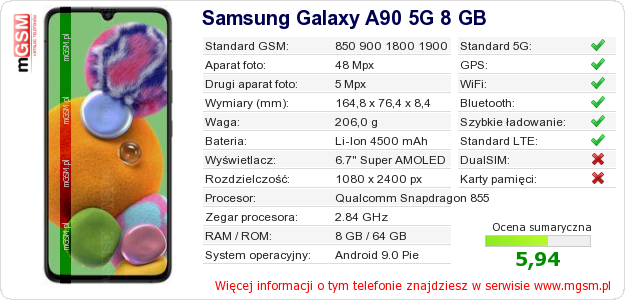 Dane telefonu Samsung Galaxy A90 5G 8 GB