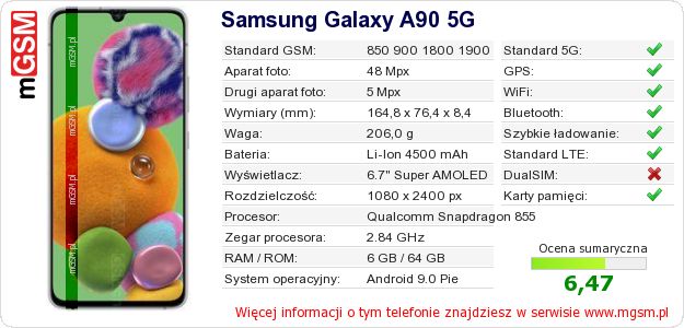 Dane telefonu Samsung Galaxy A90 5G