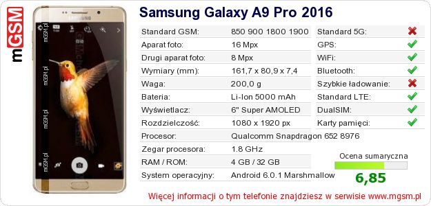 Dane telefonu Samsung Galaxy A9 Pro 2016 Dane telefonu Samsung Galaxy A9 Pro 2016