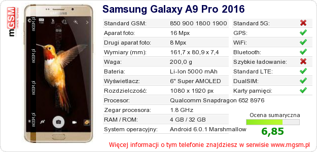 Dane telefonu Samsung Galaxy A9 Pro 2016