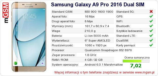 Dane telefonu Samsung Galaxy A9 Pro 2016 Dual SIM Dane telefonu Samsung Galaxy A9 Pro 2016 Dual SIM