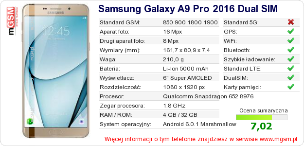 Dane telefonu Samsung Galaxy A9 Pro 2016 Dual SIM Dane telefonu Samsung Galaxy A9 Pro 2016 Dual SIM