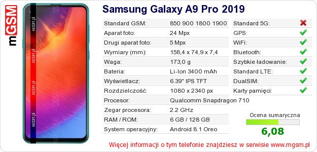 Dane telefonu Samsung Galaxy A9 Pro 2019 Dane telefonu Samsung Galaxy A9 Pro 2019