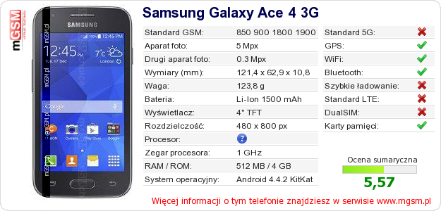 Dane telefonu Samsung Galaxy Ace 4 3G Dane telefonu Samsung Galaxy Ace 4 3G
