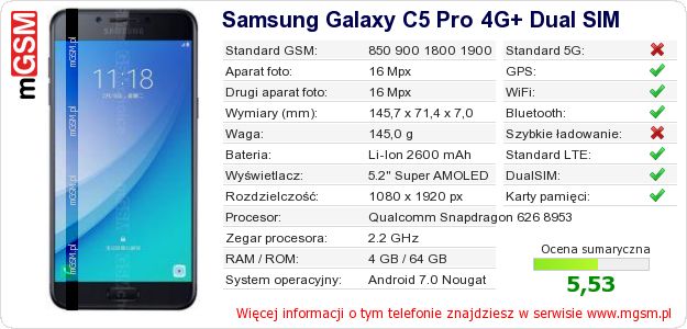 Dane telefonu Samsung Galaxy C5 Pro 4G+ Dual SIM