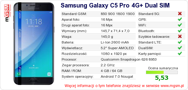 Dane telefonu Samsung Galaxy C5 Pro 4G+ Dual SIM Dane telefonu Samsung Galaxy C5 Pro 4G+ Dual SIM