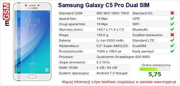 Dane telefonu Samsung Galaxy C5 Pro Dual SIM Dane telefonu Samsung Galaxy C5 Pro Dual SIM