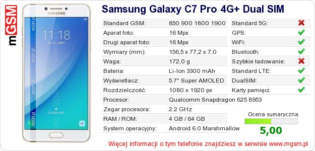 Dane telefonu Samsung Galaxy C7 Pro 4G+ Dual SIM Dane telefonu Samsung Galaxy C7 Pro 4G+ Dual SIM
