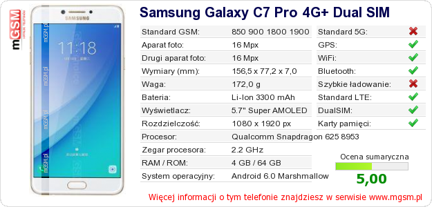 Dane telefonu Samsung Galaxy C7 Pro 4G+ Dual SIM