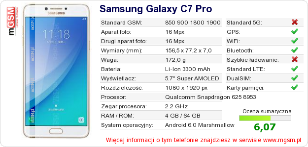 Dane telefonu Samsung Galaxy C7 Pro Dane telefonu Samsung Galaxy C7 Pro