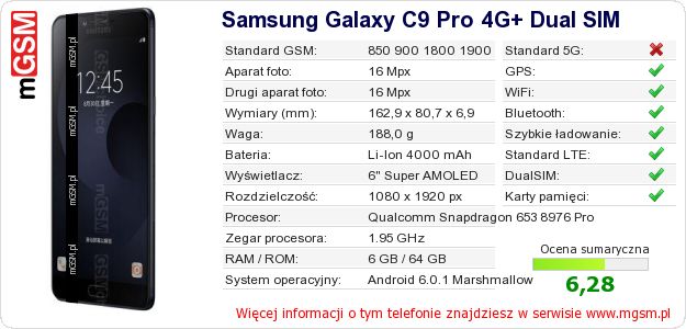 Dane telefonu Samsung Galaxy C9 Pro 4G+ Dual SIM