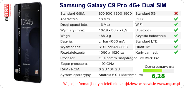 Dane telefonu Samsung Galaxy C9 Pro 4G+ Dual SIM